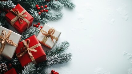 Festive Holiday Scene with Red Gifts and Evergreen Branches