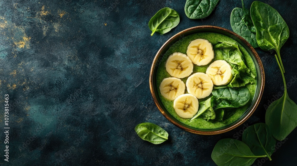 Poster detox green smoothie bowl made with banana and spinach on a dark backdrop emphasizing a healthy food