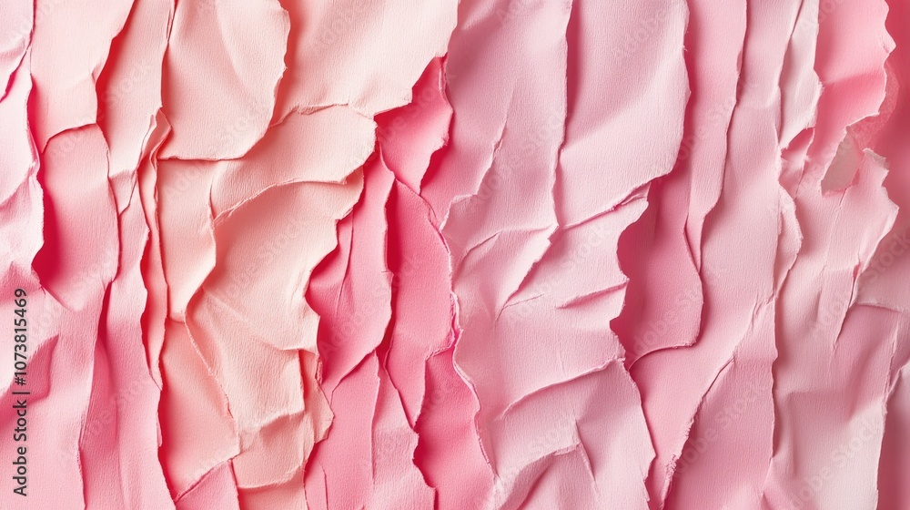 Poster crumpled pink paper texture featuring different shades and deep folds creating an abstract vertical 