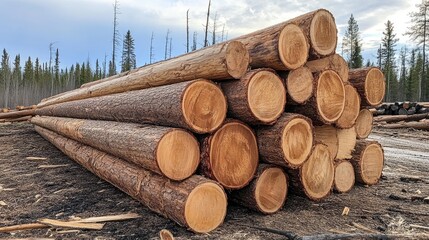 Collection of stacked pine logs timber from the logging industry