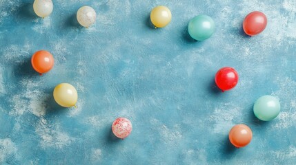 Colorful balloons on a vintage blue tabletop perfect for a birthday or party background Flat lay composition with ample space for text