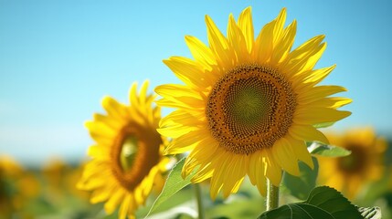 Fototapeta premium Close up of two sunflowers amidst a blooming field during the warm season