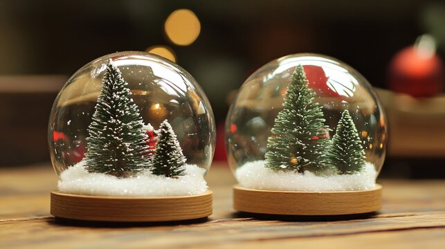Crafted Christmas snow globes with mini trees and fake snow, isolated on a wooden table background - Powered by Adobe