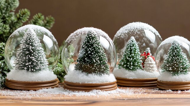 Crafted Christmas snow globes with mini trees and fake snow, isolated on a wooden table background