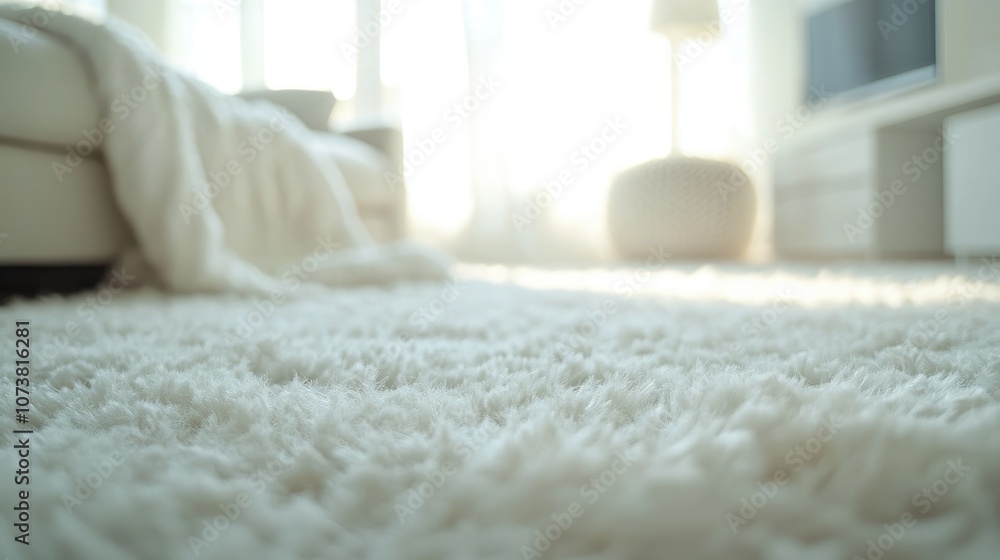 Poster close up of a plush white carpet with a softly blurred background featuring a light minimalistic int