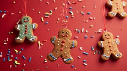 Crafted gingerbread man ornaments with icing details, isolated on a festive red background with sprinkles
