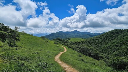 Naklejka premium Curving unpaved path meanders through lush green hills beneath a bright blue sky adorned with fluffy clouds
