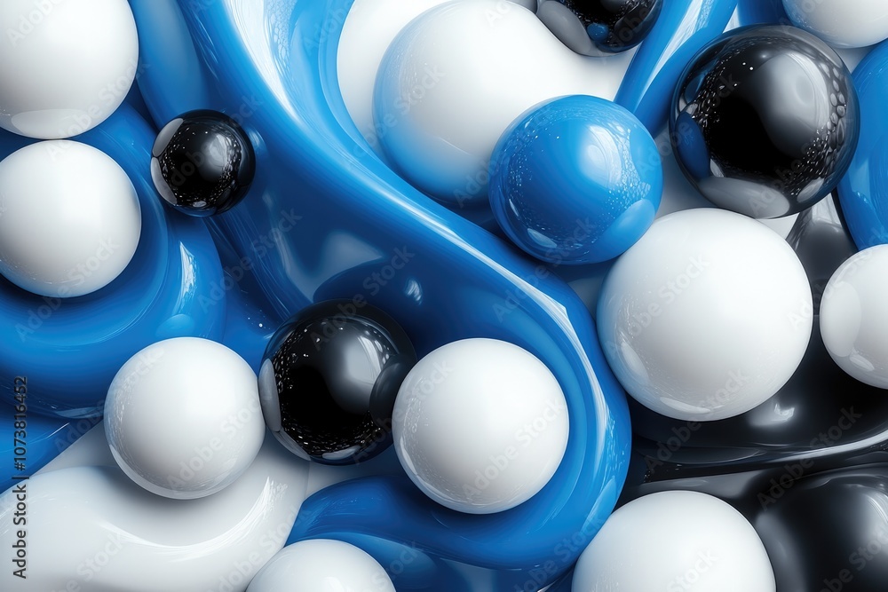 Poster glossy spheres merging with a smooth, wavy surface
