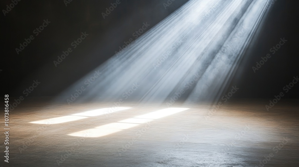 Poster close up of a light beam illuminating an unoccupied stage with ample space for text