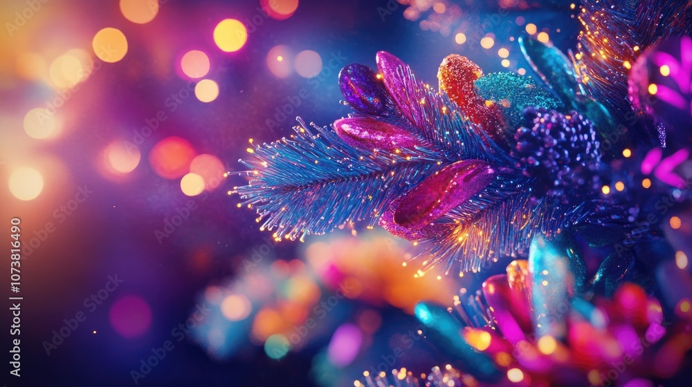 Poster close up of a colorful christmas tree branch adorned with vibrant lights and decorations creating a 