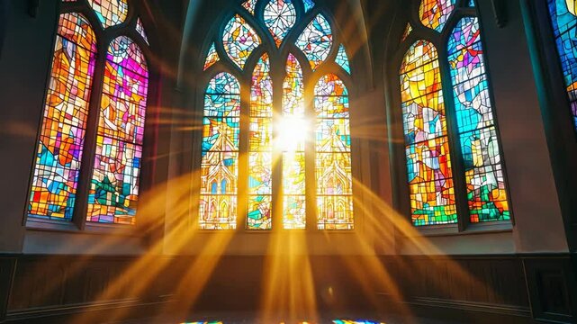 Sunlight streams through stained glass windows in a church