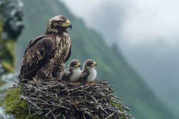 White-tailed eagle protecting chicks in mountain nest