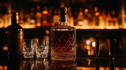 Close up of a whiskey bottle alongside crystal glasses and cocktail tools displayed at a contemporary bar counter