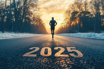 Man running on the road to new year 2025
