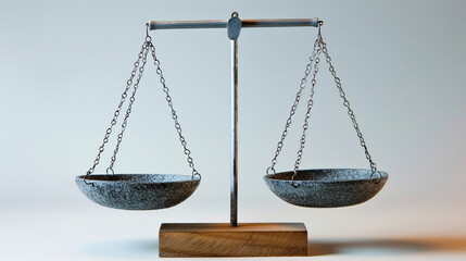 A metal balance scale with two empty pans hanging from chains, symbolizing justice, equality, and impartiality on a minimalist background