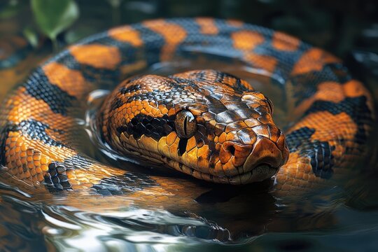 Dumeril's boa constrictor swimming in dark water