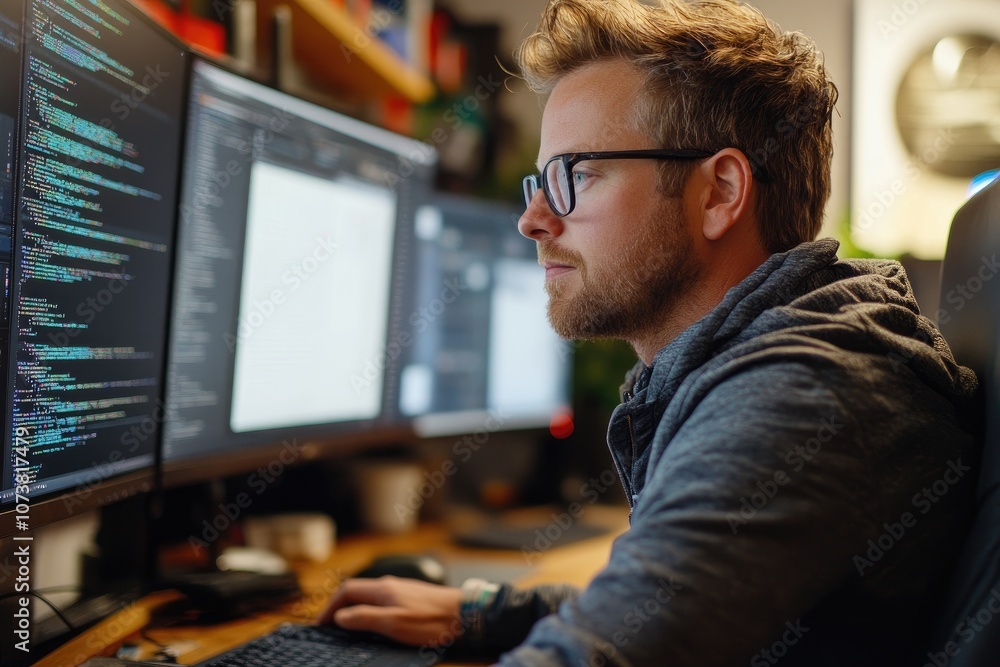Aufkleber Focused software developer working on code on computer in office at night