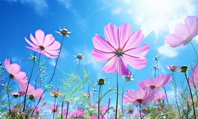 Field of pink cosmos flowers with deep blue sky, capturing essence of peaceful summer day. Blossoms dance in wind, offering natural beauty. Great for floral prints, garden inspiration, seasonal decor.