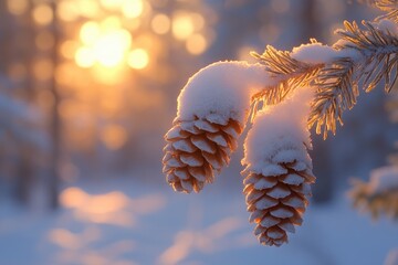 Pine cones covered with snow hanging from a branch at sunset in winter