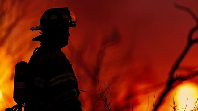 Silhouette of firefighter against blazing fire. Fire department, emergency response, rescue operations concept. Heroism and bravery.