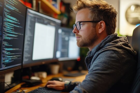 Focused software developer working on code on computer in office at night