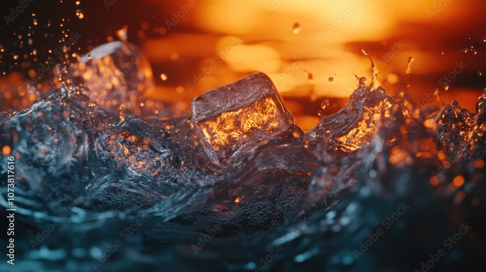 Poster close up of ice cubes submerged in water generating a refreshing and cool ambiance