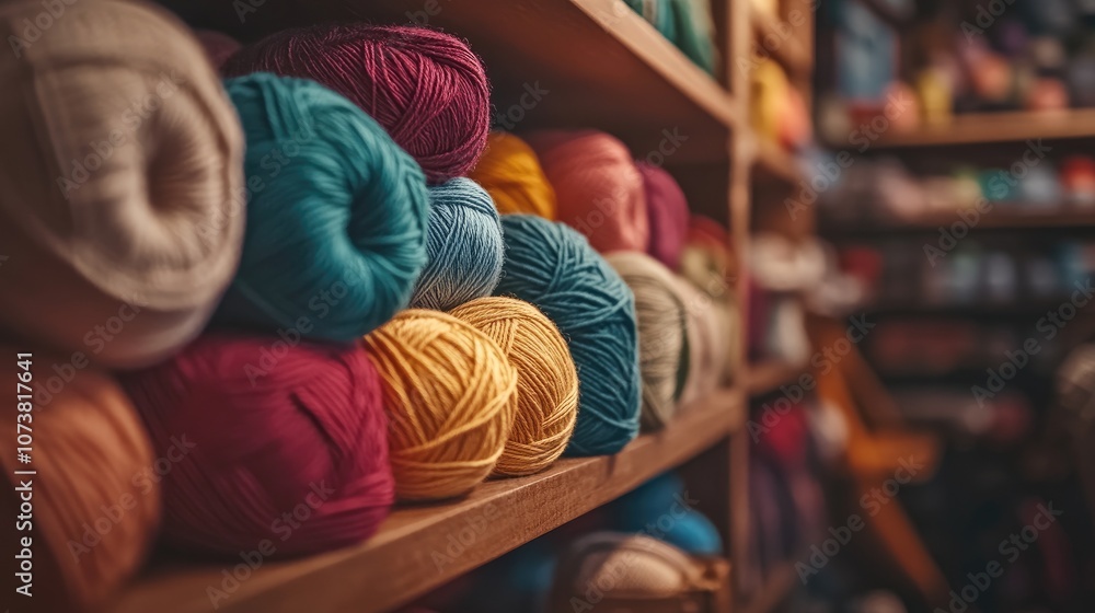 Poster close up of colorful yarn balls textiles for crafting displayed on shelves various threads arranged 
