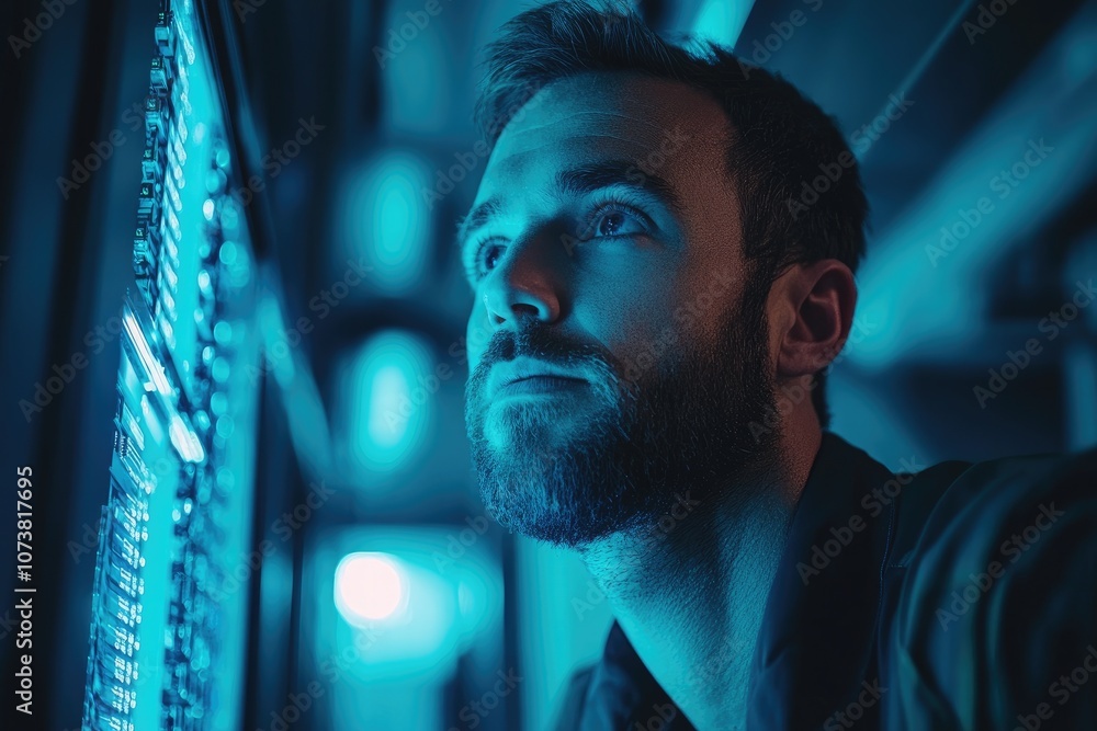 Aufkleber technician monitoring server rack in futuristic data center