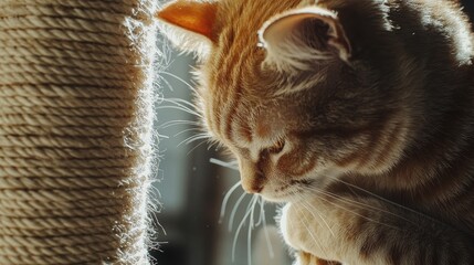 Close up of a cat using a scratching post