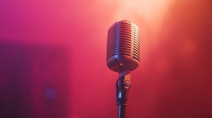 Close up of a retro microphone set against a softly blurred backdrop