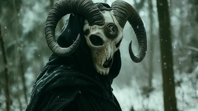 Shaman in goat animal skull in dark cloak in snowy forest. Mystical occult ritual. Pagan Christmas, Winter solstice, New Year celebration. Scandinavian culture. Yule tradition.