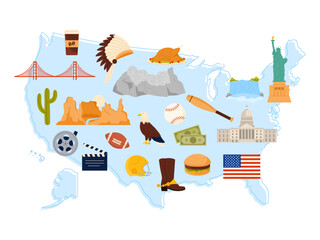 Travel to USA, infographic poster design with culture elements, architecture and nature landmarks on map. Nature and food, famous buildings of United States of America cartoon vector illustration