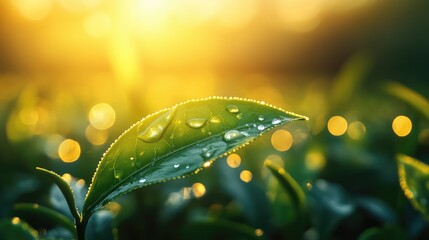 Close up of a vibrant tea leaf adorned with dewdrops amidst a thriving plantation illuminated by soft morning light