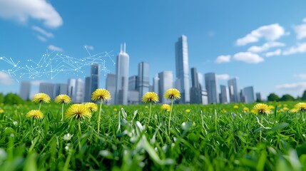 The concept of modern cities and environmental technology coexisting in harmony with the environment, and climate change