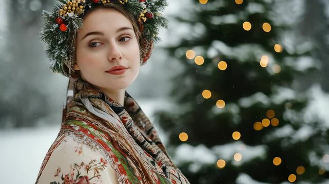 Young woman with deer antlers in snowy forest. Mystical occult ritual. Pagan Christmas, Winter solstice, New Year celebration. Scandinavian culture. Yule tradition. Goddess costume. Witchcraft, wicca