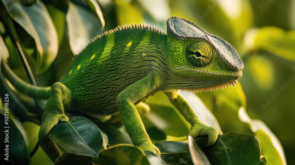Poster close up view of a parson s chameleon walking along a tree with blurred foliage in the background