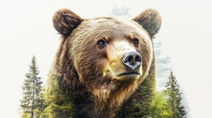 Obraz premium Double exposure image combining a brown bear with a forest highlighting the message of environmental conservation