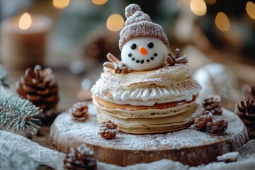 Christmas snowman pancakes with whipped cream and icing sugar - Powered by Adobe