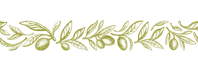 Horizontal olive branch, green fruit, oil. Pattern © Yauheniya_Bandaruk