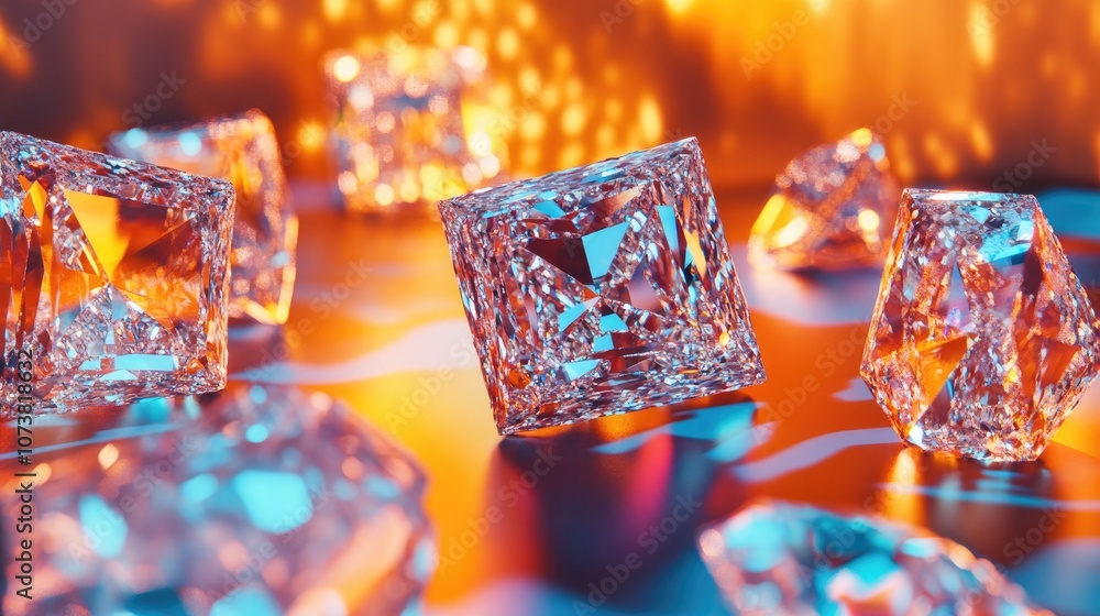 Poster close up of diamonds in different shapes and sizes displayed against a lit background with shadows