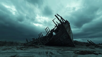 Naklejka premium Eerie Shipwreck on Desolate Beach with Stormy Skies - Ultra-Detailed Nautical Scene of Abandoned Vessel Decay and Atmospheric Drama
