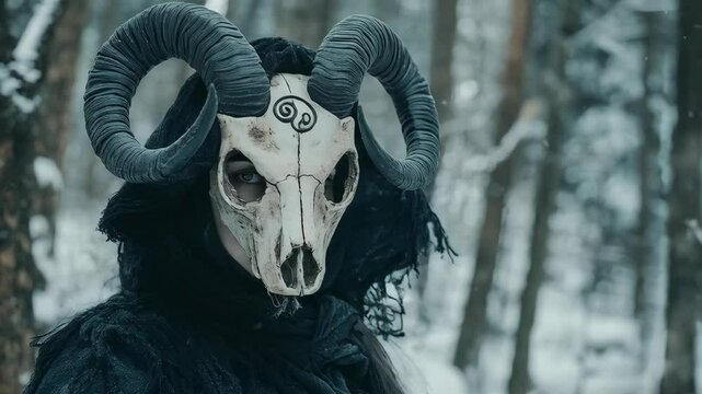 Shaman in goat animal skull in black cloak in snowy forest. Mystical occult ritual. Pagan Christmas, Winter solstice, New Year celebration. Scandinavian culture. Yule tradition
