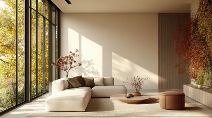 Contemporary living room featuring natural autumn decorations and a white sofa with a blank wall ready for customizing