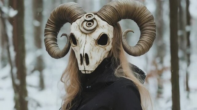 Shaman in goat animal skull in cloak in snowy forest. Mystical occult ritual. Pagan Christmas, Winter solstice, New Year celebration. Scandinavian culture. Yule tradition.