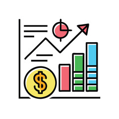 Business growth chart with dollar and arrow, Colorful vector icon featuring a line graph, bar chart, and dollar sign, symbolizing financial analysis, investment growth, and economic success.
