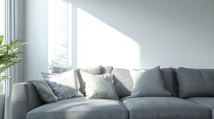 3D rendering of a modern living room interior featuring a grey sofa adorned with stylish cushions
