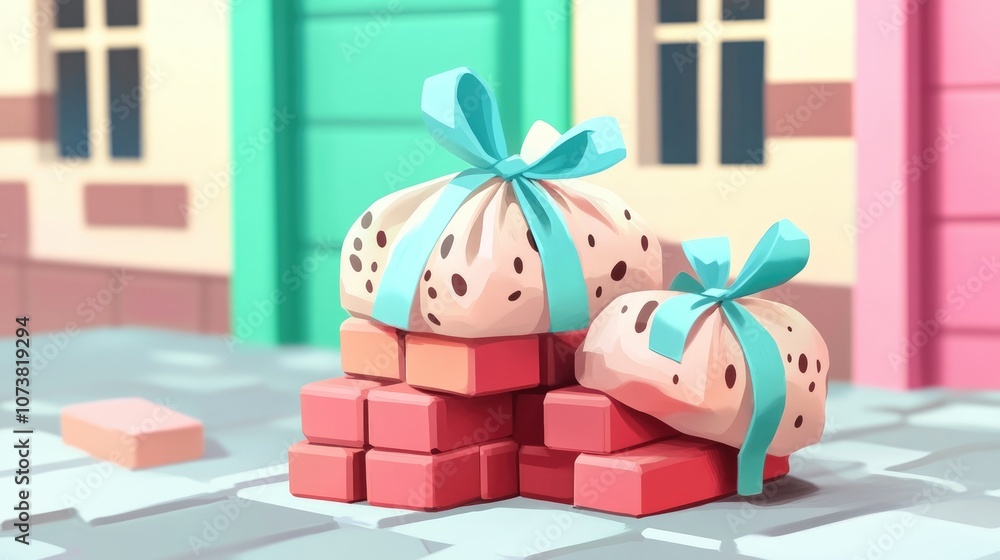 Poster concrete blocks and bricks bagged and tied with a blue ribbon abstract building background close up