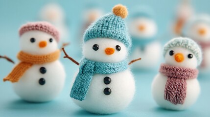 Mini snowmen made from cotton balls, with tiny felt scarves and hats, on a soft blue background
