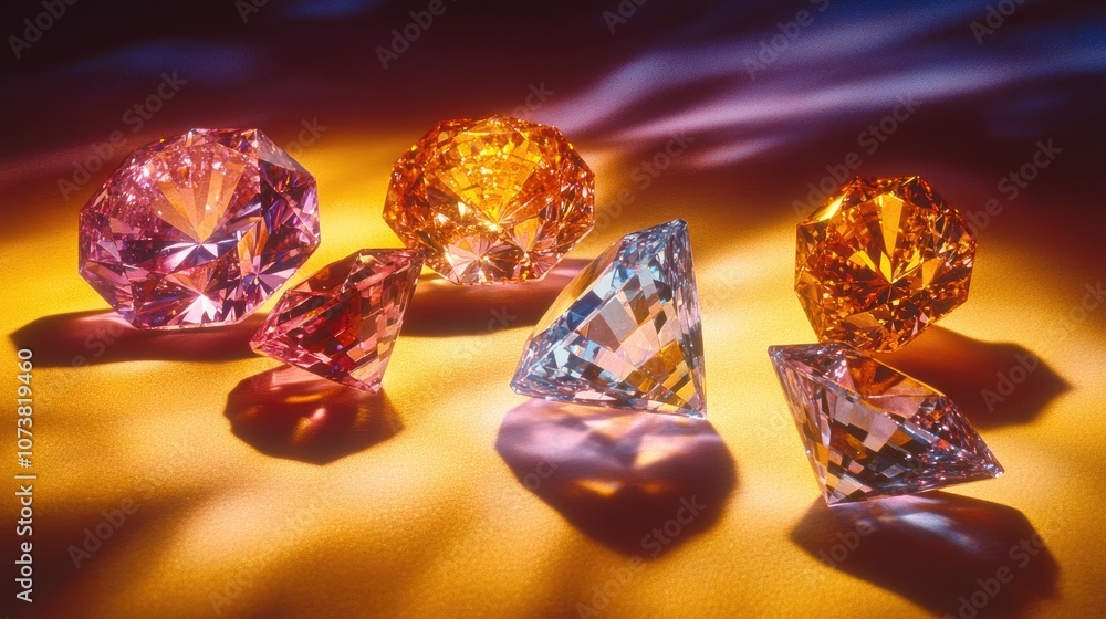 Aufkleber close up of diamonds in different shapes and sizes displayed against a lit background with shadows