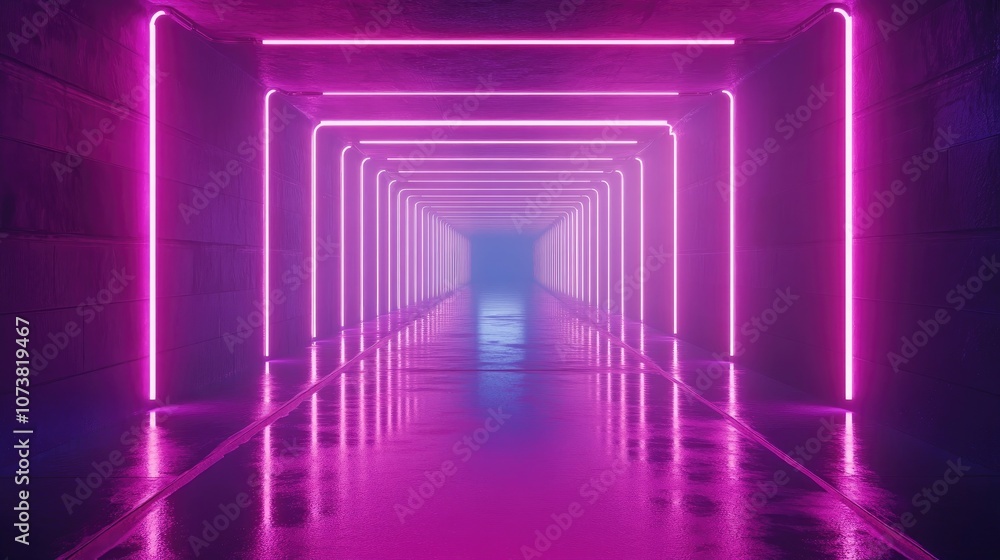 Poster neon glowing lines illuminate a dark tunnel with reflections on the floor and ceiling creating an em